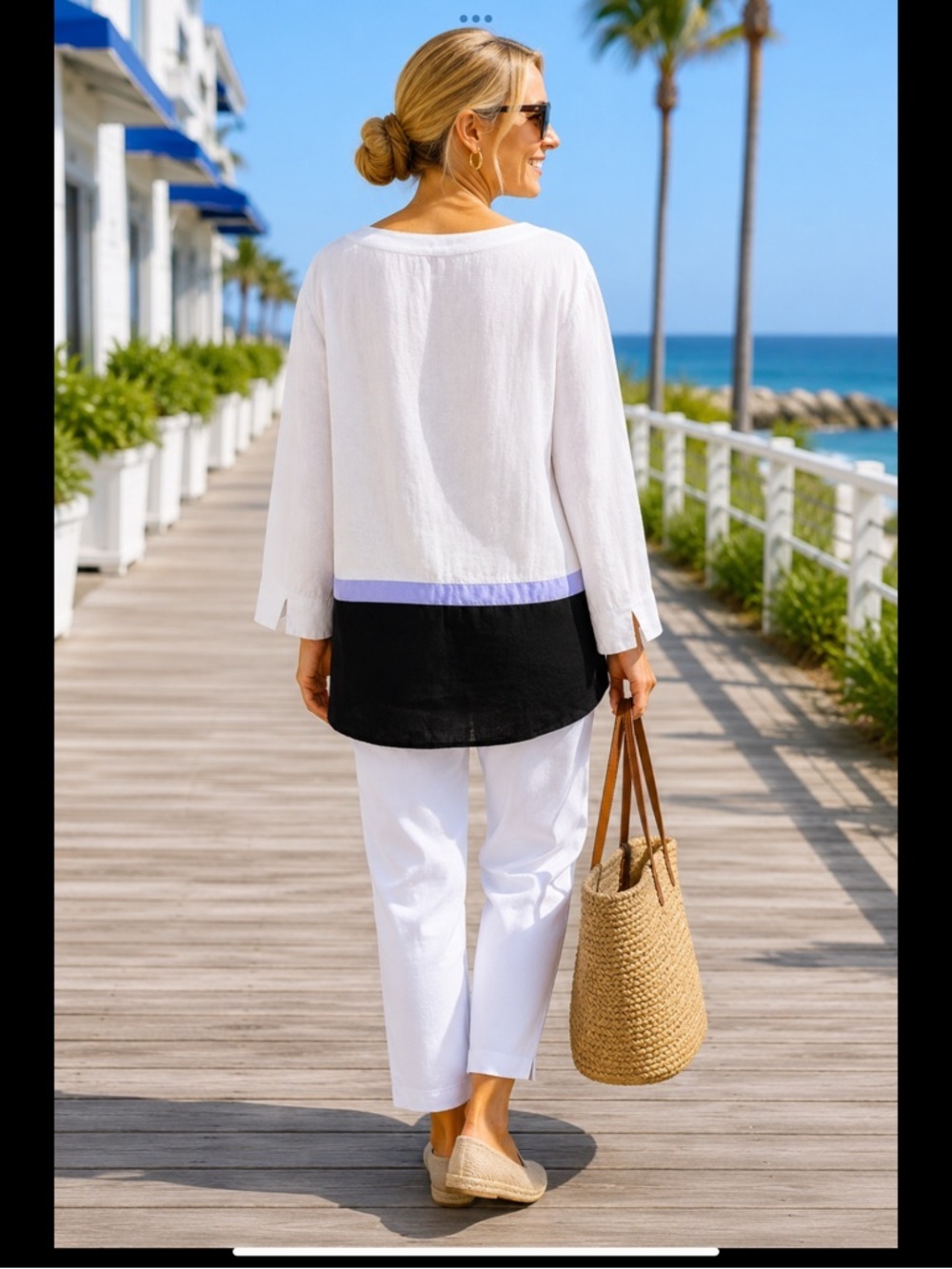 Tyler Boe 100% Linen Colorblock Tunic Blouse White Lavender Navy Size L - Picture 7 of 16
